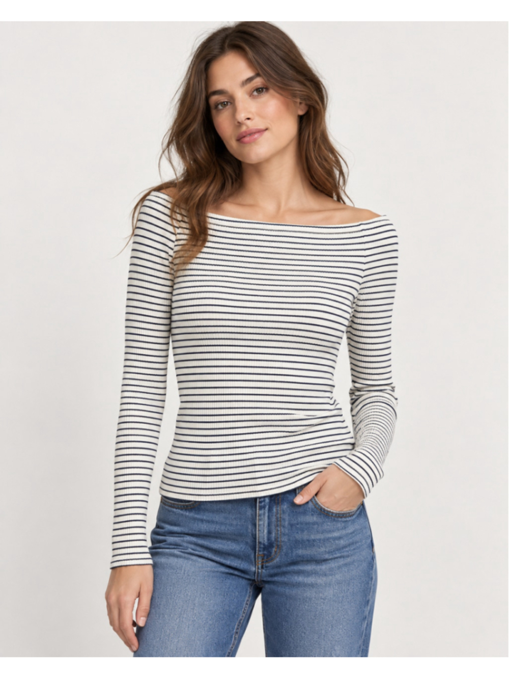 Lucky Brand Women’s Striped Ribbed Off-Shoulder Long Sleeve Top Size L